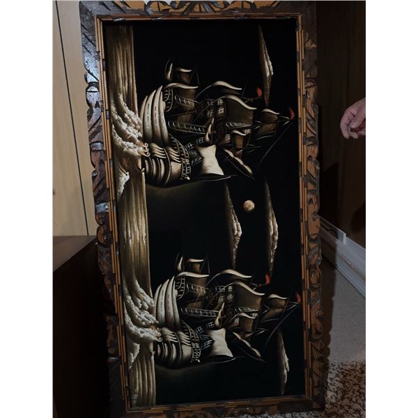 Velvet Painting of Sailing Ships with Wooden Frame, 90 cm x 47 cm