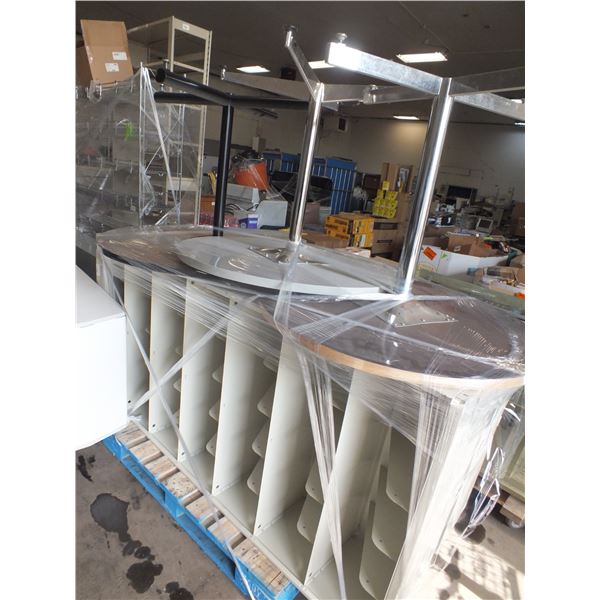 Two Metal Storage Shelves & 3 Round Tables