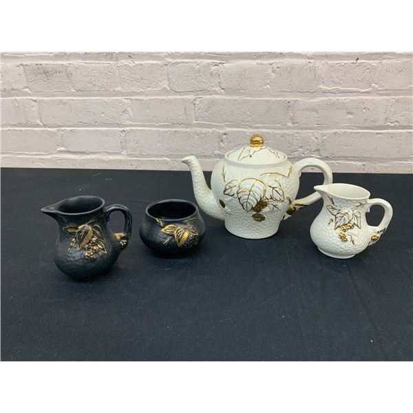 Wade England White w Gold Hand Painted Accents Tea Pot, Cream, Black Velvet Cream and Sugar