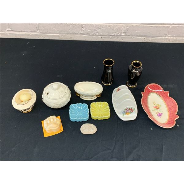 Misc Vintage Porcelain Toast Stand, Bud Vases, Sugar Bowl, Trinket Trays, Soap, Candles etc