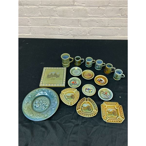 17pcs of Wade Irish Porcelain Small Mugs, Plates, Ashtrays, Dish, Tile