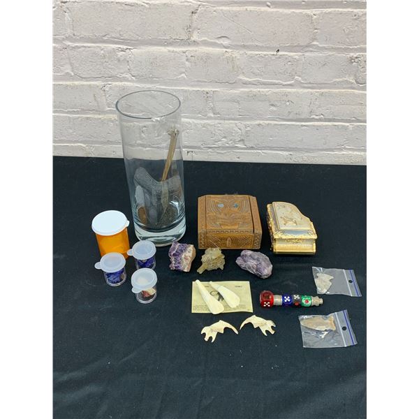 Specimen Lot Arrow Heads, Wooly Mammoth Pcs, Gemstones, etc