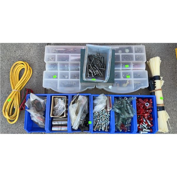 Hardware Lot With Fasteners, Springs, Cable Ties, and Organizer Boxes