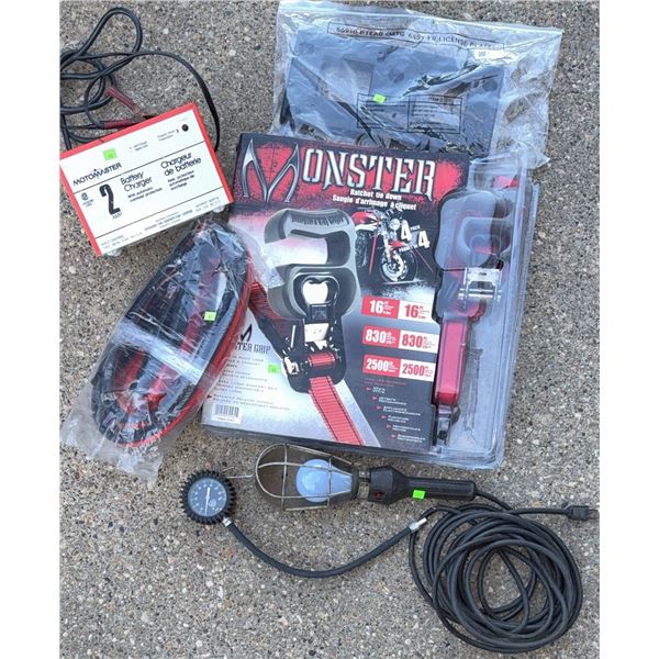 Automotive Tools Including MotoMaster Battery Charger and Monster Ratchet Tie Downs