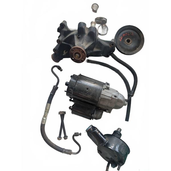 GM Engine Accessory Parts Lot With Starter, Water Pump, Pulley, and Hoses