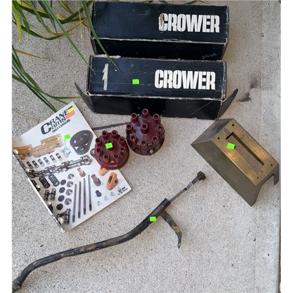 Crower Engine Parts Boxes, Crane Cams 1983 Catalog, Caps, and Metal Bracket Lot