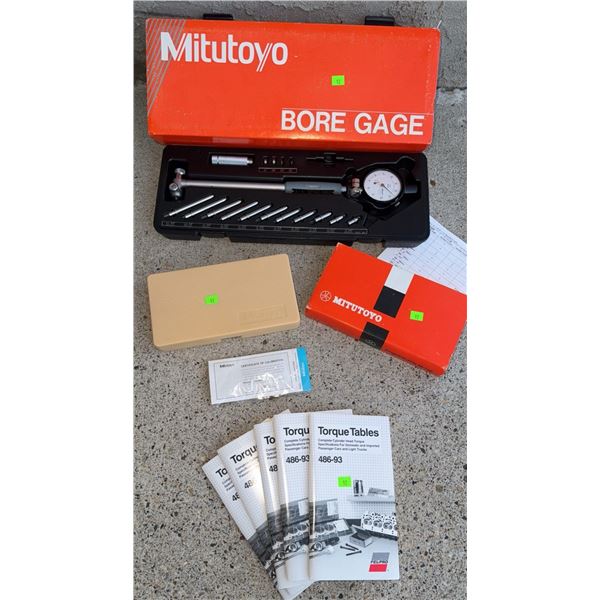 Mitutoyo Bore Gage Set, Micrometer, Calibration Certificate, and Fel-Pro Torque Tables
