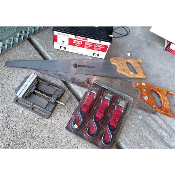 Tools: Two Hand Saws, Battery Charger, Bench Vise, Tie Down Straps