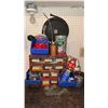 Image 1 : Workbench Lot With Oil Cans, WD-40, Parts Bins, and Assorted Hardware