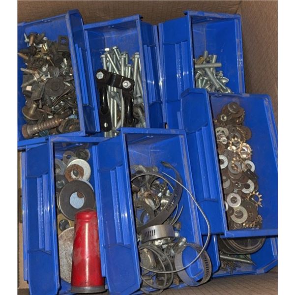 Hardware Fasteners and Clamps in Blue Plastic Bins