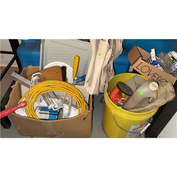 Household and Utility Items Including Extension Cord and Containers