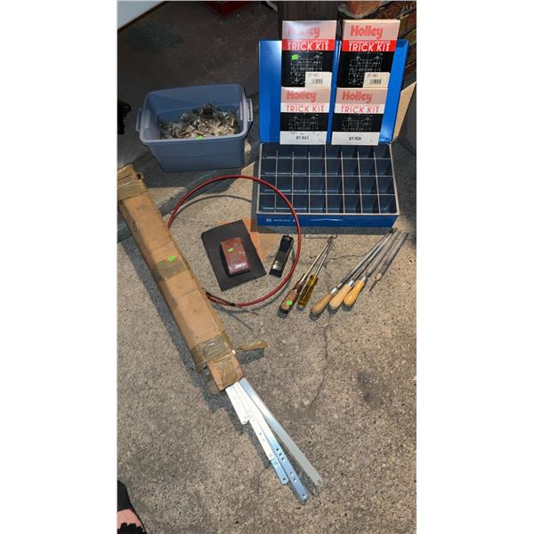 Automotive Parts Lot Including Holley Carburetor Kits, Hand Tools, and Hardware