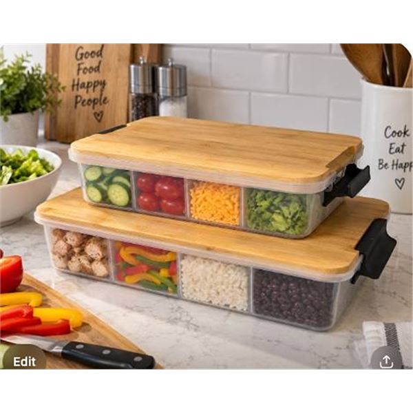 Two Plastic Food Containers with Bamboo Lids