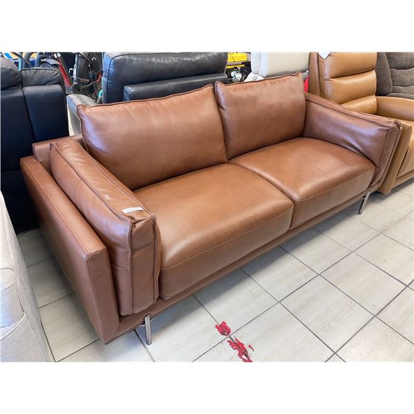 Brown Leather Sofa with Metal Legs 7'x3'x30" 20" Seat
