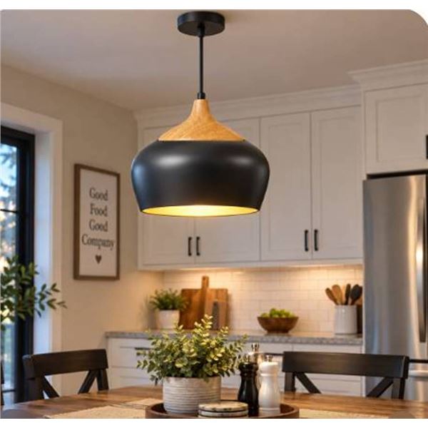 Black Metal and Wood Pendant Light Fixture