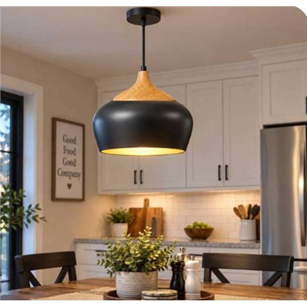 Black Metal and Wood Pendant Light Fixture