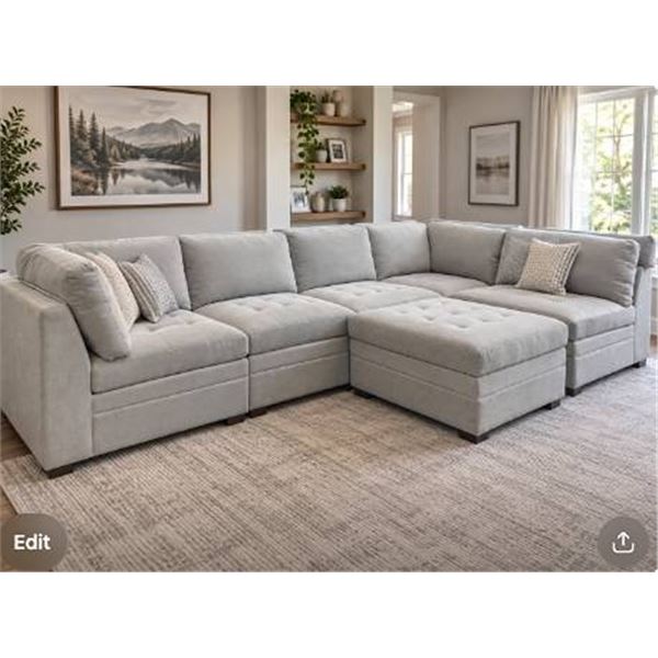 Sectional Grey Fabric Sofa With Ottoman