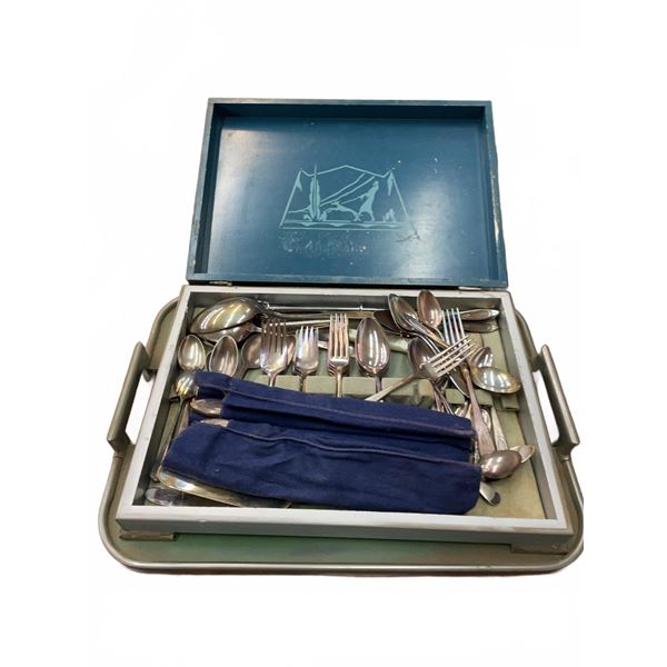 Flatware Set with Wooden Case and Metal Tray