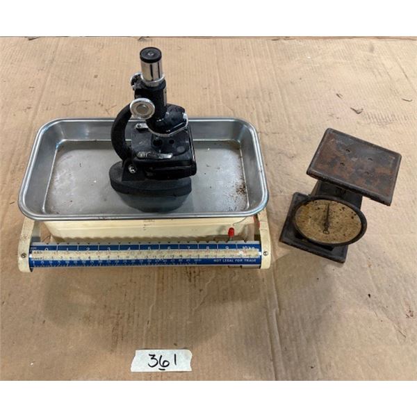 Mid-century European vintage kitchen scale cast iron vintage American kitchen scale, microscope