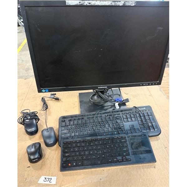 Samsung monitor screen, one Microsoft keyboard with two mouses -one logitech keyboard with one mouse