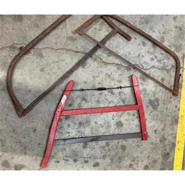Vintage Hand Saws- 1 red farmhouse bow saw & 2 other