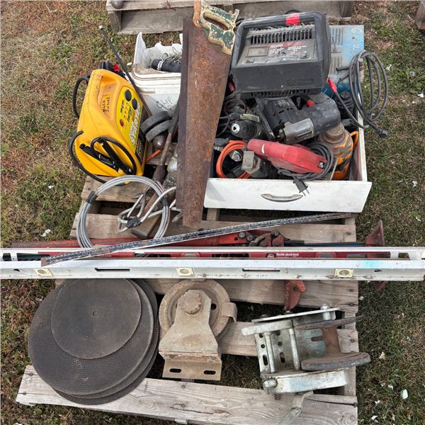 Everstart Jump Starter, misc electric drills, battery charger,hydraulic bottle jacks, levels, hand s
