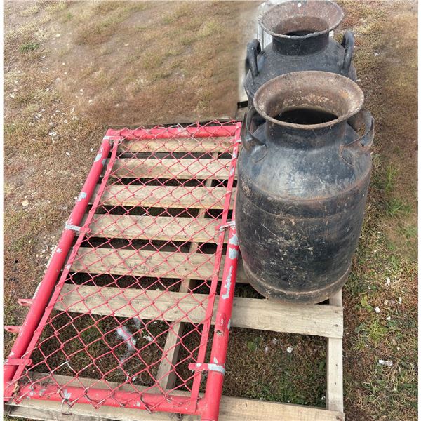 2 cream cans, red metal gate