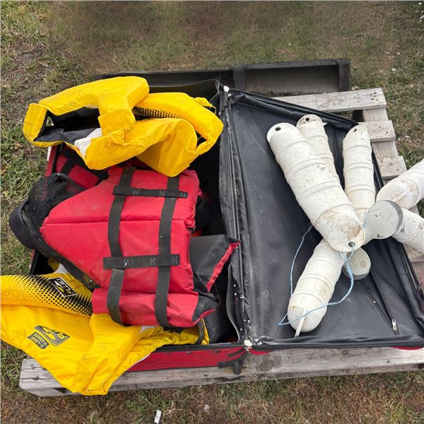 Four large life jackets, boat fenders
