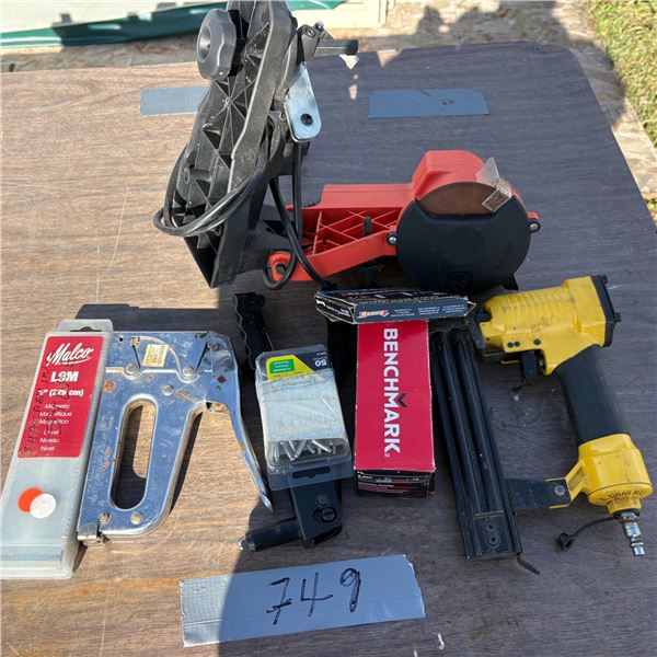 Electric chainsaw sharpener, staple gun with staples, Benchmark nail gun, rivet gun