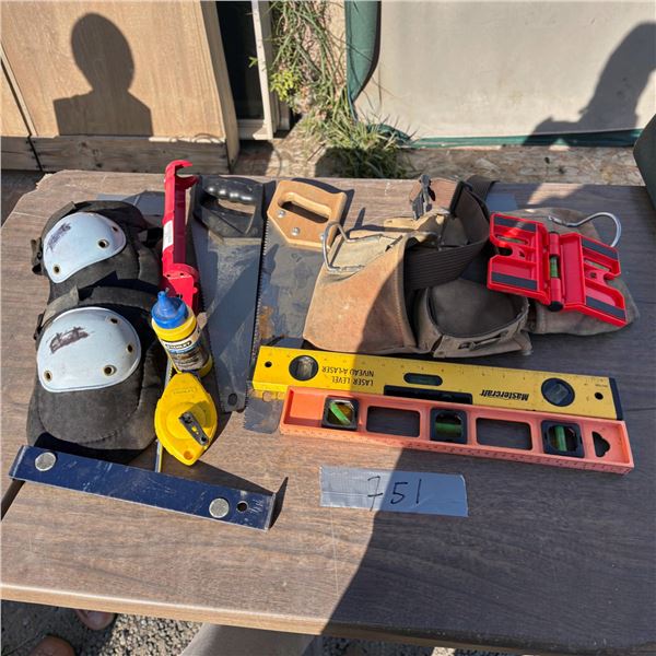 Levels, knee pads, hand saws, work belt, chalk line