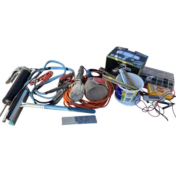Grease gun, trouble light, booster cables, small sockets, motion light, electric testers, box of pul