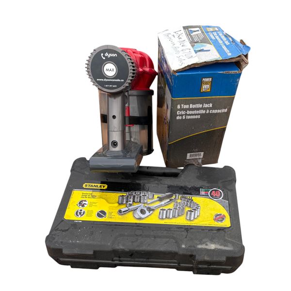 Fist 6 ton bottle jack (new), Dyson Vac, Stanley 40 piece socket set