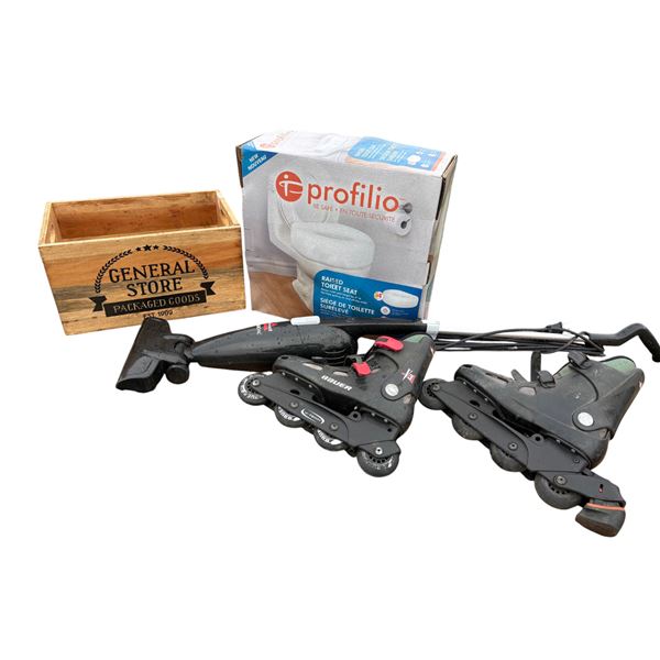 Profilio toilet seat (new), Bissell Magic Vac, Bauer roller blades size 8-9, General Store wood box