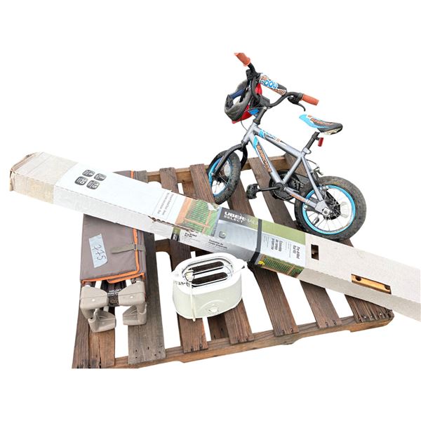Pallet of pre-drilled rail (NEW in box), Kids bike and helmet, Play Pen,Toaster