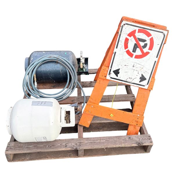 Propane bottle, portable air tank with hose, no parking sign