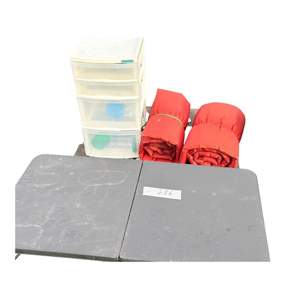 2 sleeping mattress, plastic storage container, folding table