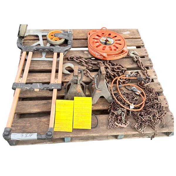 Dolly, extension cord reel with cords, 2 floor jack stands, tire chains, heavy duty log chain, trail