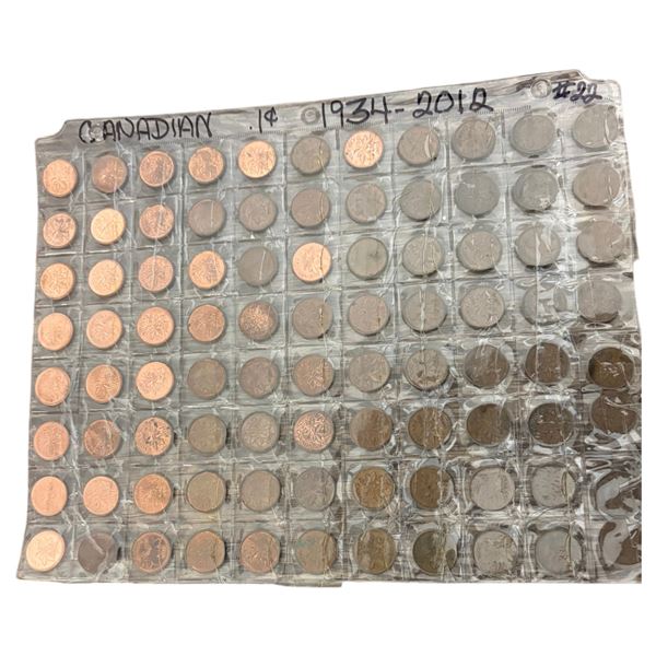 Canadian 1 cent from 1934 - 2012 quantity of 22