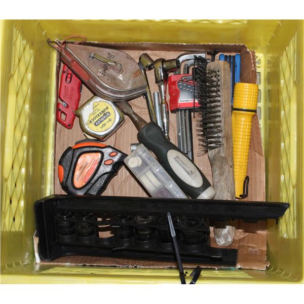 YELLOW MILK CRATE WITH MISC TOOLS
