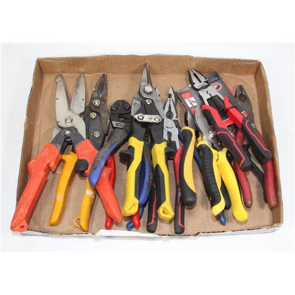 LOT OF ASSORTED SNIPS, PLIERS AND CUTTERS