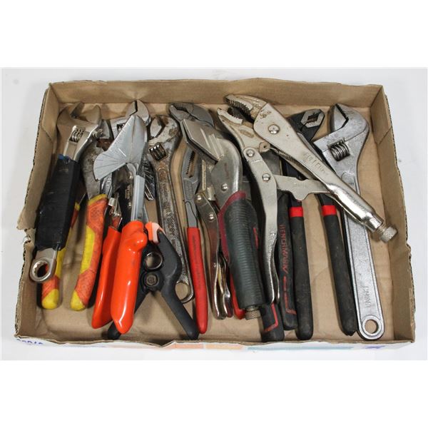 LOT OF ASSORTED WRENCHES AND PLIERS