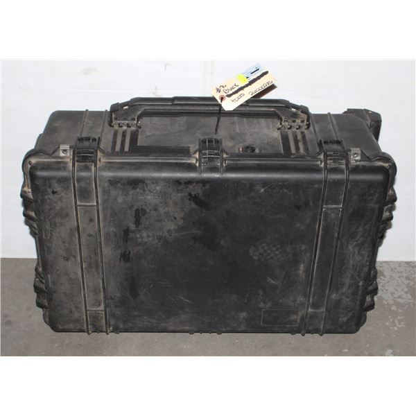 BLACK TOTE WITH TOOL BELT HAMMER HATCHET AND DRILL