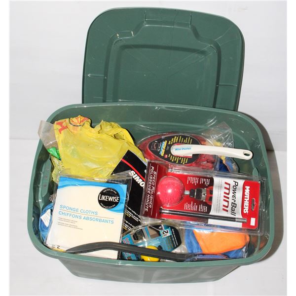 BIG TOTE OF CLEANING SUPPLIES MOSTLY AUTOMOBILE