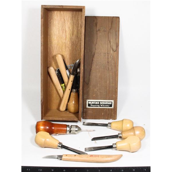 WOODEN BOX OF WOOD CARVING TOOLS