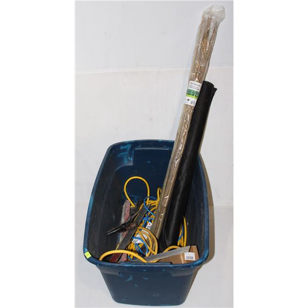 TOTE OF MISC TOOLS AND GARDENING SUPPLIES INCLUDING