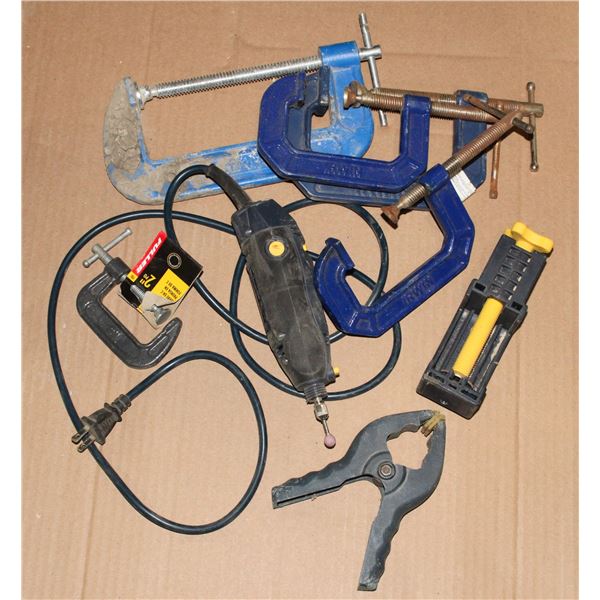 BUCKET OF ASSORTED CLAMPS AND A ROTARY TOOL