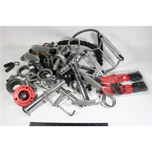 BOX OF WEIGHT LIFTING EQUIPMENT ACCESSORIES