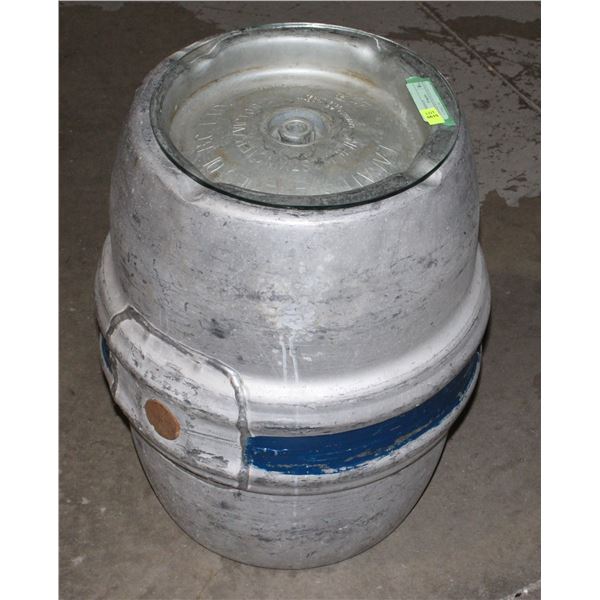 VINTAGE KEG WITH GLASS TOP, USE A TABLE OR