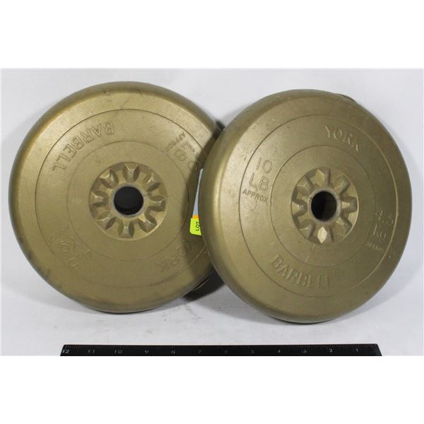 LOT OF TWO 10 POUND, YORK BARBELL WEIGHTS