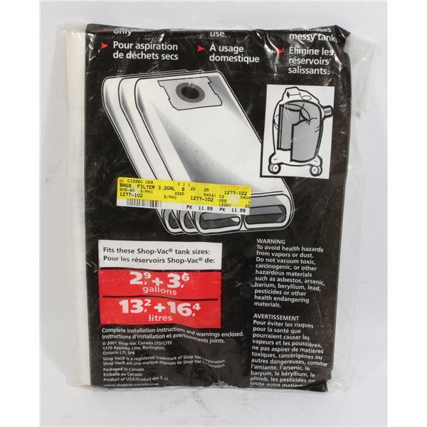 SHOPVAC DUST BAGS FITS 2,9 + 3,6 GALLONS